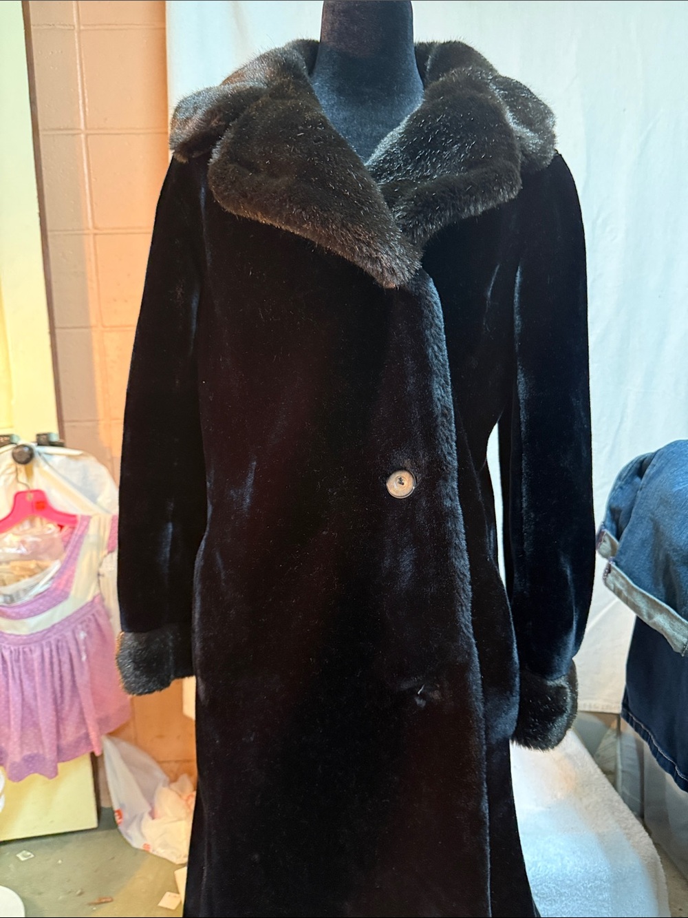 Luxurious Black Faux-Fur Trim Long Pea Coat -Lined